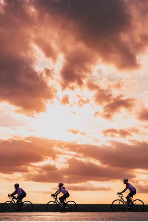 Silhouette of bike riders against a sunset