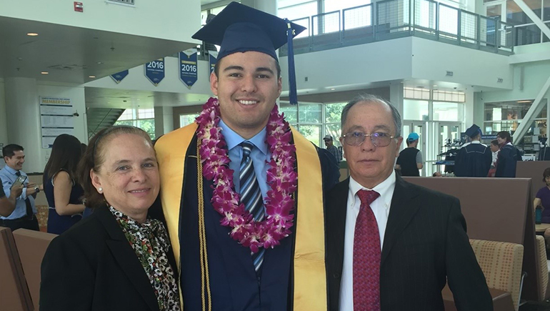 Alejandro with his mother, Graciela, and his father, Victor, on graduation day at the University of California-Davis, where Alejandro earned his bachelor's degree in pharmaceutical chemistry.