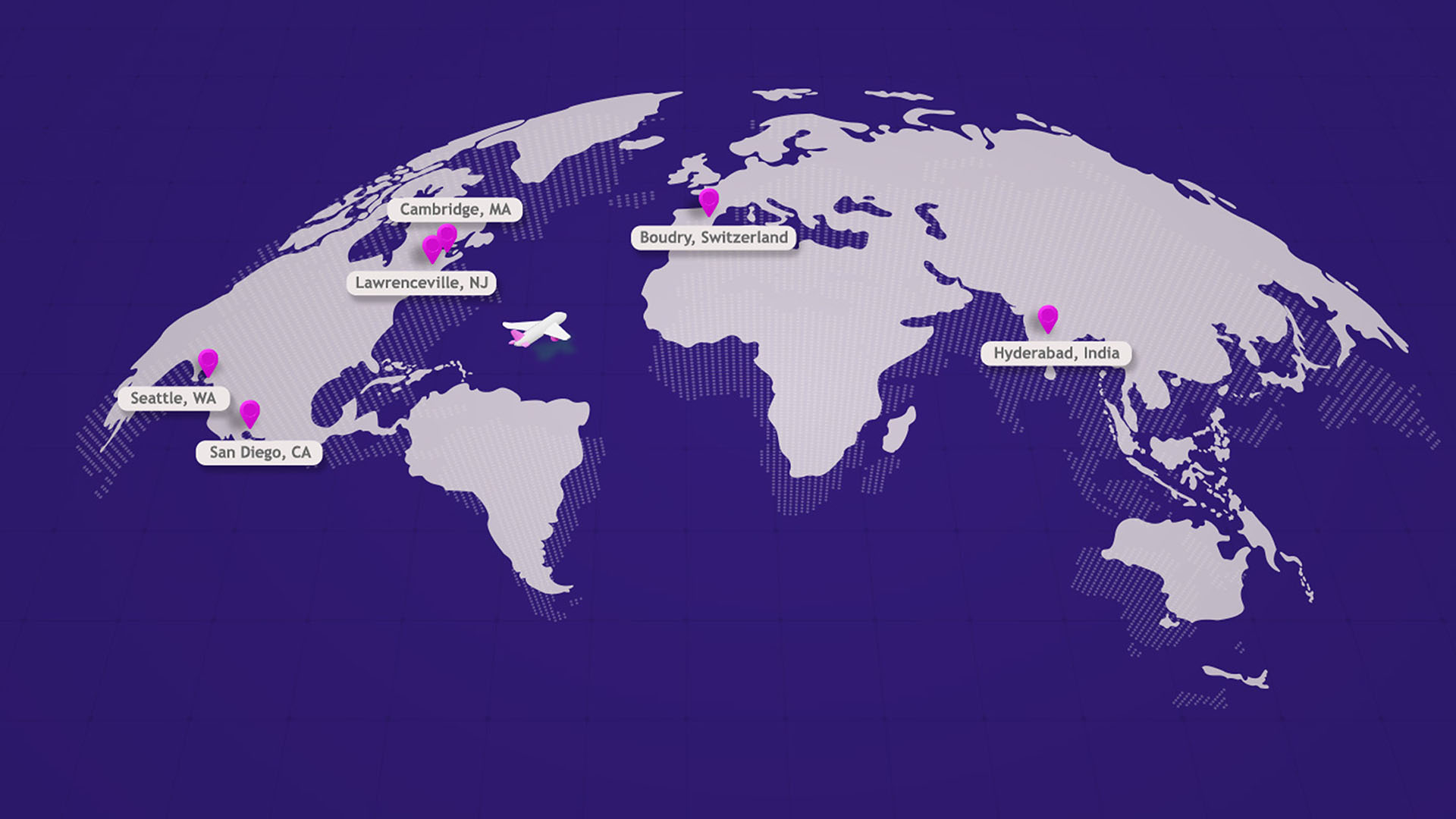 A stylized world map with location markers highlighting six BMS R&D hubs: Seattle, WA; San Diego, CA; Lawrenceville, NJ; Cambridge, MA; Boudry, Switzerland; and Hyderabad, India. A white airplane icon is shown flying over the United States. The background fades from dark blue at the top to purple at the bottom.