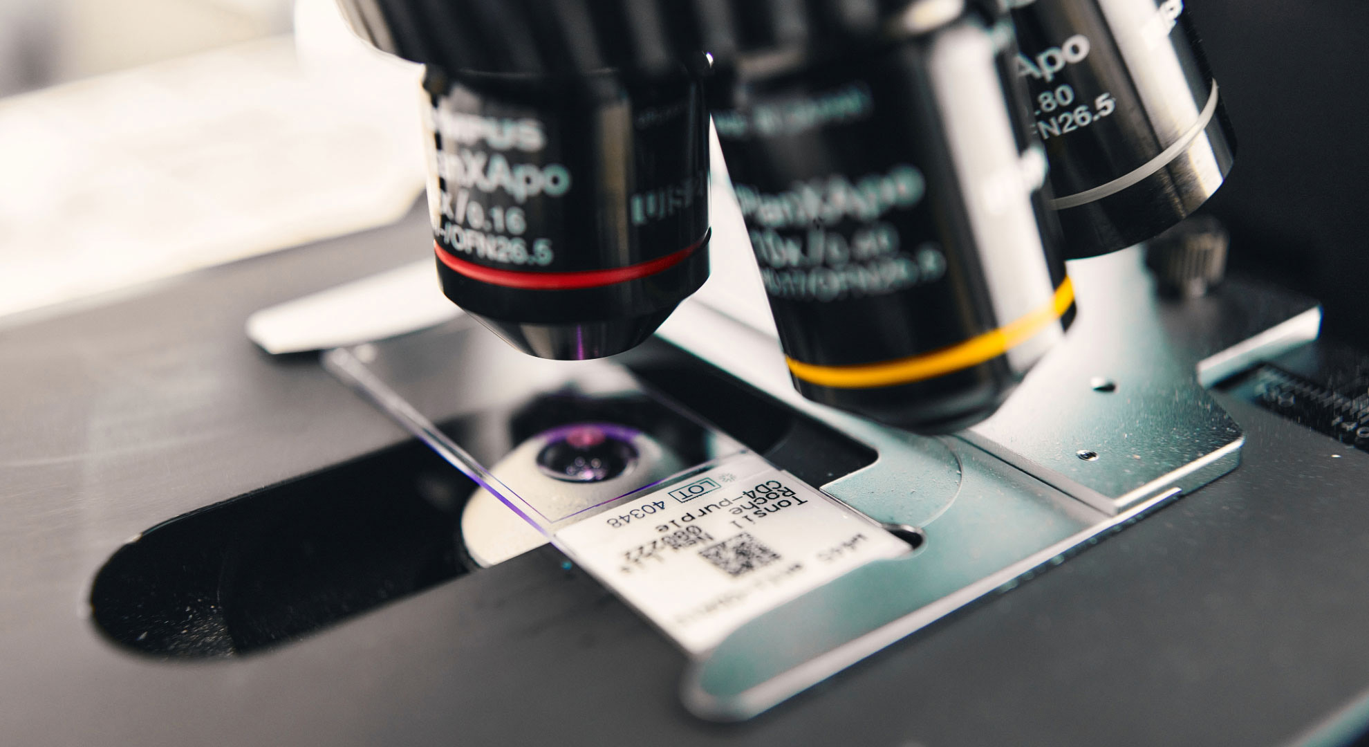 Close up of microscope in research lab