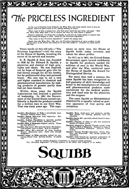 “The Priceless Ingredient” la prima affissione di Bristol Myers Squibb, 1921